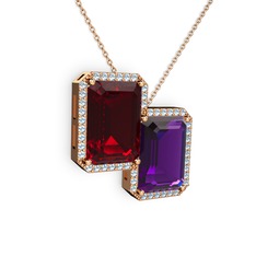 Garnet, ametist ve akuamarin 925 ayar rose altın kaplama gümüş kolye (40 cm rose altın rolo zincir)