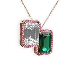 Avis Kolye - Beyaz zirkon, yeşil kuvars ve rodolit garnet 18 ayar rose altın kolye (40 cm rose altın rolo zincir) #w55lvy