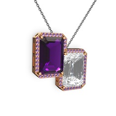 Ametist ve beyaz zirkon 14 ayar rose altın kolye (40 cm gümüş rolo zincir)