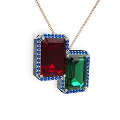 Garnet, yeşil kuvars ve lab safir 8 ayar beyaz altın kolye (40 cm rose altın rolo zincir)