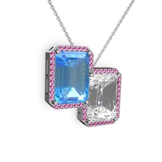Akuamarin, beyaz zirkon ve rodolit garnet 18 ayar beyaz altın kolye (40 cm beyaz altın rolo zincir)