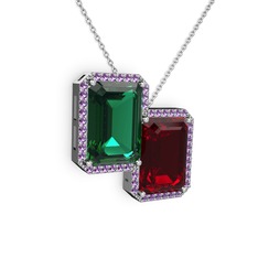 Avis Kolye - Yeşil kuvars, garnet ve ametist 8 ayar beyaz altın kolye (40 cm beyaz altın rolo zincir) #z116ej