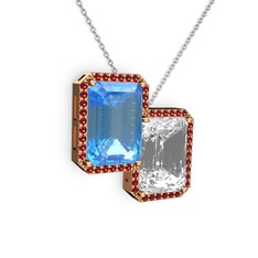 Akuamarin, beyaz zirkon ve garnet 18 ayar rose altın kolye (40 cm beyaz altın rolo zincir)