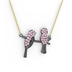 Lora Kuş Kolye - Pembe kuvars 925 ayar siyah rodyum kaplama gümüş kolye (40 cm altın rolo zincir) #1r49orm