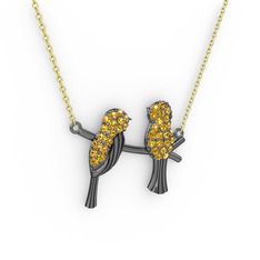 Lora Kuş Kolye - Sitrin 925 ayar siyah rodyum kaplama gümüş kolye (40 cm altın rolo zincir) #lk3a1i