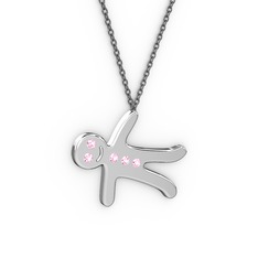 Pembe kuvars 14 ayar beyaz altın kolye (40 cm gümüş rolo zincir)
