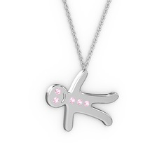 Pembe kuvars 8 ayar beyaz altın kolye (40 cm beyaz altın rolo zincir)