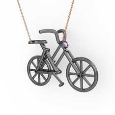 Bisiklet Kolye - Pembe kuvars 925 ayar siyah rodyum kaplama gümüş kolye (40 cm rose altın rolo zincir) #1giz2o4