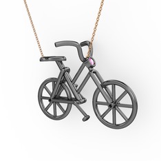 Bisiklet Kolye - Pembe kuvars 925 ayar siyah rodyum kaplama gümüş kolye (40 cm gümüş rolo zincir) #1kx5ccr