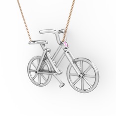 Bisiklet Kolye - Pembe kuvars 8 ayar beyaz altın kolye (40 cm rose altın rolo zincir) #1m2c0y6