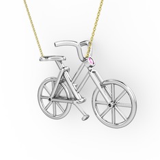 Bisiklet Kolye - Pembe kuvars 18 ayar beyaz altın kolye (40 cm altın rolo zincir) #1vppotf