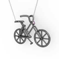 Bisiklet Kolye - Pembe kuvars 925 ayar siyah rodyum kaplama gümüş kolye (40 cm beyaz altın rolo zincir) #9ra9yf