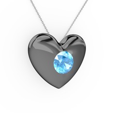 Moria Kalp Kolye - Akuamarin 925 ayar siyah rodyum kaplama gümüş kolye (40 cm beyaz altın rolo zincir) #1ncikyq