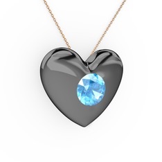 Moria Kalp Kolye - Akuamarin 925 ayar siyah rodyum kaplama gümüş kolye (40 cm rose altın rolo zincir) #g53ewu