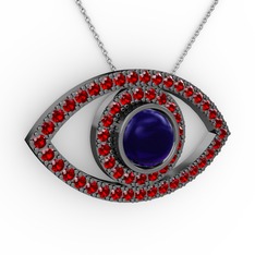 Lab safir ve garnet 925 ayar siyah rodyum kaplama gümüş kolye (40 cm beyaz altın rolo zincir)