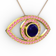 Palmira Göz Kolye - Lab safir ve pembe kuvars 8 ayar altın kolye (40 cm rose altın rolo zincir) #11o6pjt