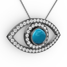 Turkuaz ve swarovski 925 ayar siyah rodyum kaplama gümüş kolye (40 cm gümüş rolo zincir)