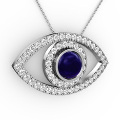 Lab safir ve swarovski 925 ayar gümüş kolye (40 cm beyaz altın rolo zincir)