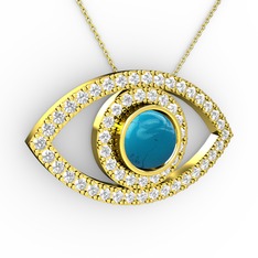 Palmira Göz Kolye - Turkuaz ve beyaz zirkon 8 ayar altın kolye (40 cm altın rolo zincir) #13j2jy7