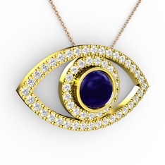 Lab safir ve swarovski 18 ayar altın kolye (40 cm rose altın rolo zincir)