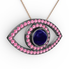 Palmira Göz Kolye - Lab safir ve pembe kuvars 925 ayar siyah rodyum kaplama gümüş kolye (40 cm rose altın rolo zincir) #13w8dj0