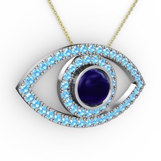 Lab safir ve akuamarin 18 ayar beyaz altın kolye (40 cm altın rolo zincir)