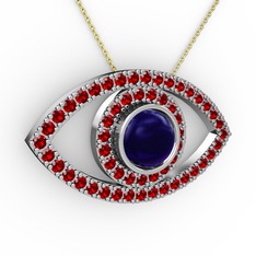 Palmira Göz Kolye - Lab safir ve garnet 8 ayar beyaz altın kolye (40 cm gümüş rolo zincir) #14eikdv