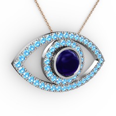 Lab safir ve akuamarin 14 ayar beyaz altın kolye (40 cm rose altın rolo zincir)