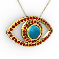 Palmira Göz Kolye - Turkuaz ve garnet 14 ayar altın kolye (40 cm gümüş rolo zincir) #1645udo