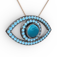 Palmira Göz Kolye - Turkuaz ve akuamarin 925 ayar siyah rodyum kaplama gümüş kolye (40 cm rose altın rolo zincir) #18178wn