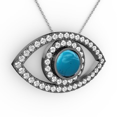 Turkuaz ve swarovski 925 ayar siyah rodyum kaplama gümüş kolye (40 cm gümüş rolo zincir)