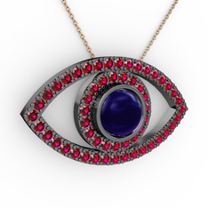 Palmira Göz Kolye - Lab safir ve rodolit garnet 925 ayar siyah rodyum kaplama gümüş kolye (40 cm rose altın rolo zincir) #199onn6