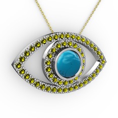 Palmira Göz Kolye - Turkuaz ve peridot 8 ayar beyaz altın kolye (40 cm gümüş rolo zincir) #1az5tge