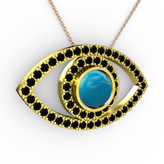 Palmira Göz Kolye - Turkuaz ve siyah zirkon 14 ayar altın kolye (40 cm rose altın rolo zincir) #1de7u7b