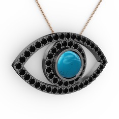 Palmira Göz Kolye - Turkuaz ve siyah zirkon 925 ayar siyah rodyum kaplama gümüş kolye (40 cm rose altın rolo zincir) #1e804ok