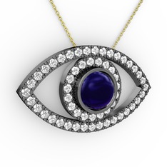Lab safir ve beyaz zirkon 925 ayar siyah rodyum kaplama gümüş kolye (40 cm altın rolo zincir)