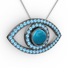 Palmira Göz Kolye - Turkuaz ve akuamarin 925 ayar siyah rodyum kaplama gümüş kolye (40 cm beyaz altın rolo zincir) #1hctk48