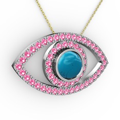 Palmira Göz Kolye - Turkuaz ve pembe kuvars 18 ayar beyaz altın kolye (40 cm altın rolo zincir) #1inemzc