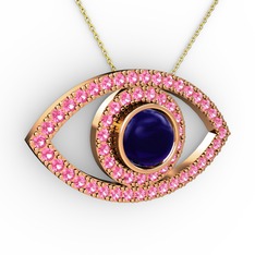 Lab safir ve pembe kuvars 14 ayar rose altın kolye (40 cm altın rolo zincir)