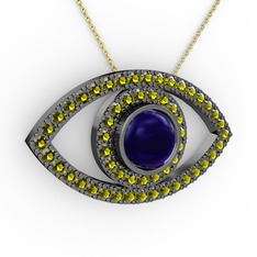 Lab safir ve peridot 925 ayar siyah rodyum kaplama gümüş kolye (40 cm altın rolo zincir)