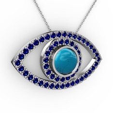 Turkuaz ve lab safir 925 ayar gümüş kolye (40 cm beyaz altın rolo zincir)