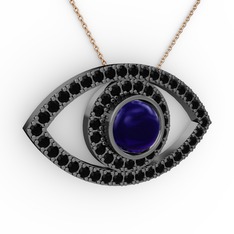 Lab safir ve siyah zirkon 925 ayar siyah rodyum kaplama gümüş kolye (40 cm rose altın rolo zincir)