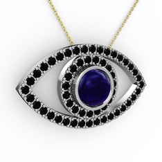 Lab safir ve siyah zirkon 18 ayar beyaz altın kolye (40 cm altın rolo zincir)