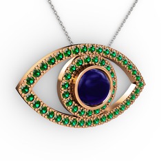 Palmira Göz Kolye - Lab safir ve yeşil kuvars 925 ayar rose altın kaplama gümüş kolye (40 cm beyaz altın rolo zincir) #1qtigpw