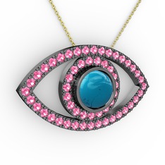 Palmira Göz Kolye - Turkuaz ve pembe kuvars 925 ayar siyah rodyum kaplama gümüş kolye (40 cm altın rolo zincir) #1skgls6