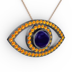 Palmira Göz Kolye - Lab safir ve sitrin 925 ayar siyah rodyum kaplama gümüş kolye (40 cm rose altın rolo zincir) #1uo0jg