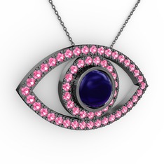 Palmira Göz Kolye - Lab safir ve pembe kuvars 925 ayar siyah rodyum kaplama gümüş kolye (40 cm gümüş rolo zincir) #1wlcab4