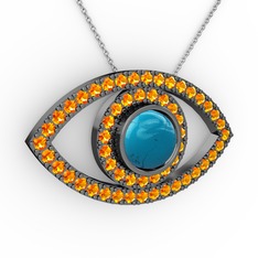 Palmira Göz Kolye - Turkuaz ve sitrin 925 ayar siyah rodyum kaplama gümüş kolye (40 cm gümüş rolo zincir) #1x73dyv