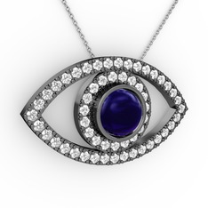 Palmira Göz Kolye - Lab safir ve swarovski 925 ayar siyah rodyum kaplama gümüş kolye (40 cm beyaz altın rolo zincir) #1ykn7x3