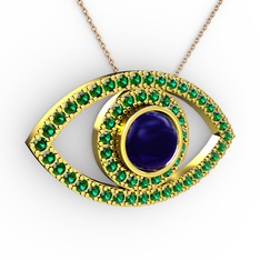 Lab safir ve yeşil kuvars 925 ayar altın kaplama gümüş kolye (40 cm rose altın rolo zincir)